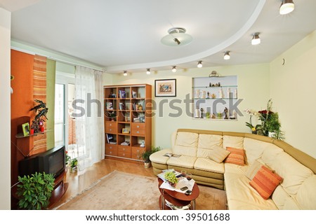 Drawing room Interior with beige corner leather Sofa