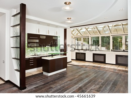 Modern drawing room (studio) and Kitchen interior with dark wooden floor, corner wide angle view
