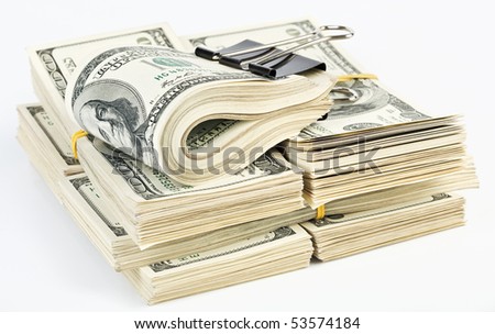 Many  bundle of US 100 dollars bank notes isolated  on white background