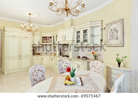 Classic style kitchen and dining room interior in beige pastoral colors