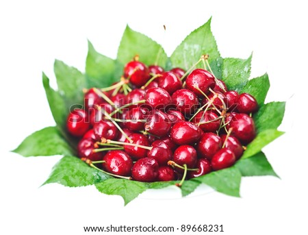 Many red wet cherry fruits (berries) on green leaves in round plate, isolated on white