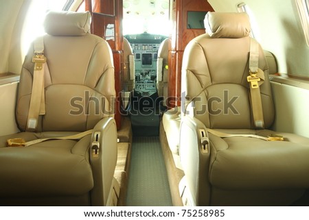 Two seats in the front part of the private jet cabin