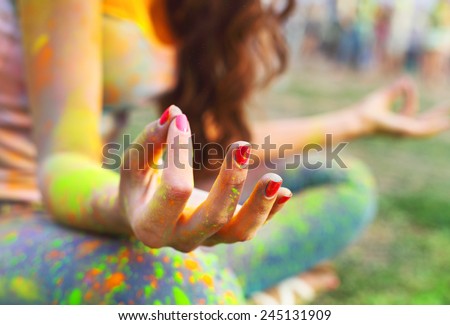 Woman training yoga and meditation, concentrate on finger