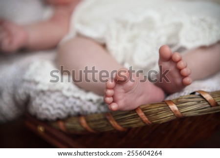 Close up of tiny baby feet. Toes. Horizontal photo. Macro. Retro toned. Natural light. DOF