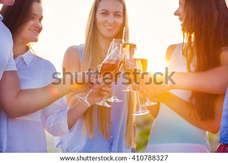 Group of friends toasting champagne sparkling wine at a relax party celebration gathering at the beach