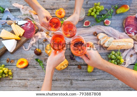 Four young people making toast at picnic with rose wine and food