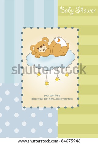 New baby shower card with spoiled teddy bear