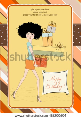 Birthday Card - Pretty Young Lady With Arms Full Of Gifts Stock Vector ...