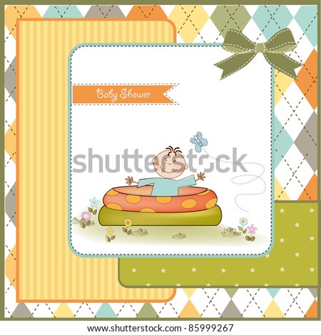 baby bathe in a small pool . shower announcement card