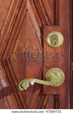 Brown door with a copper door knob