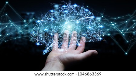 Businessman using digital x-ray human brain interface with cell and neurons activity 3D rendering