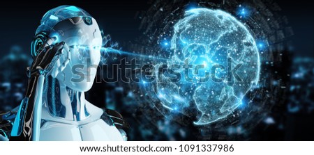 White robot on blurred background using globe network hologram with America Usa map 3D rendering