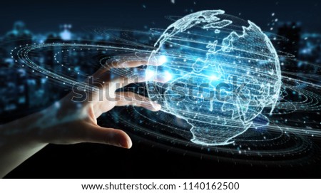 Businesswoman on blurred background using globe network hologram with Europe map 3D rendering