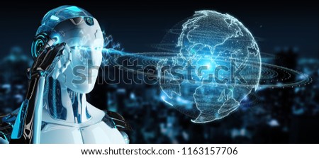 White robot on blurred background using globe network hologram with America Usa map 3D rendering