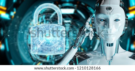Web security protection interface used by robot on blurred background 3D rendering