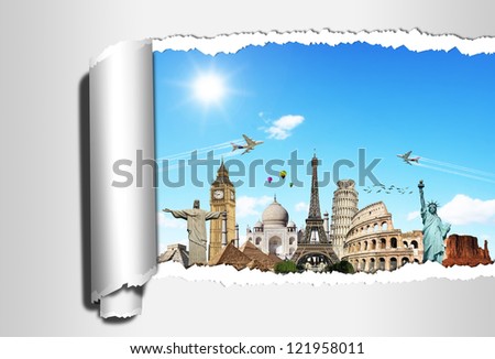 Travel the world monument torned paper concept