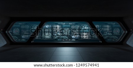 Dark spaceship interior in space with control panel digital screens 3D rendering