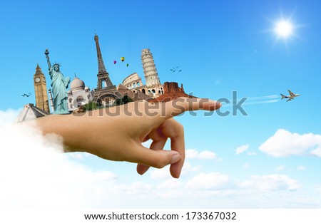 Travel the world hand monument place concept