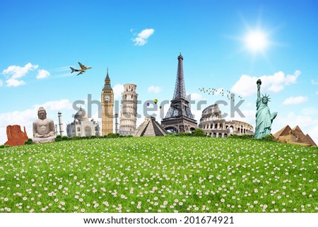 Famous monuments of the world illustrating the travel and holidays