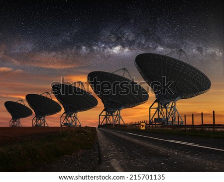 Radio Telescope view at night with milky way in the sky Radio Telescope view at night with milky way in the sky