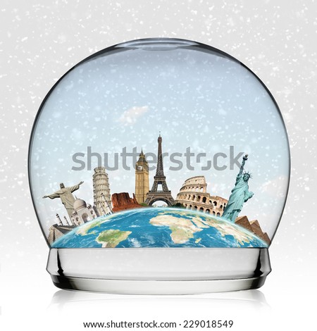 Famous monuments of the world in a snowball