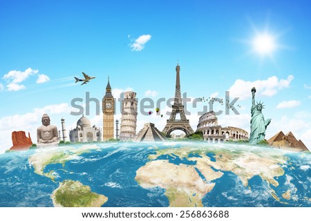Famous monuments of the world grouped together on the planet Earth