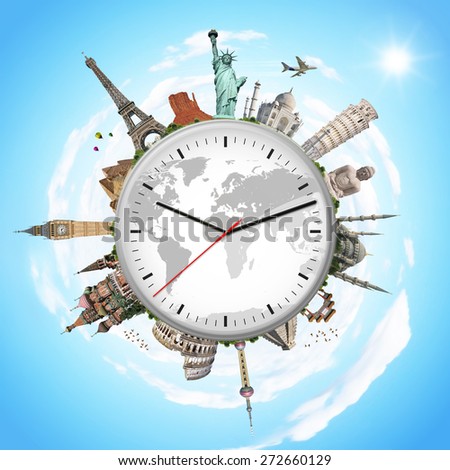 Famous monuments of the world surrounding a clock