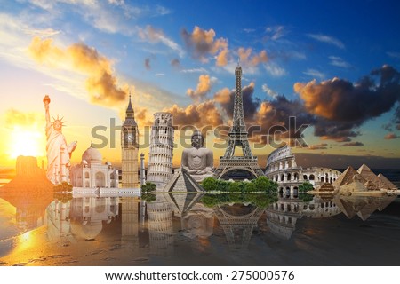 illustration of famous monuments of the world aligned on a beach at sunset