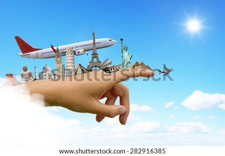 illustration of famous monuments of the world on a woman hand pointing the sky