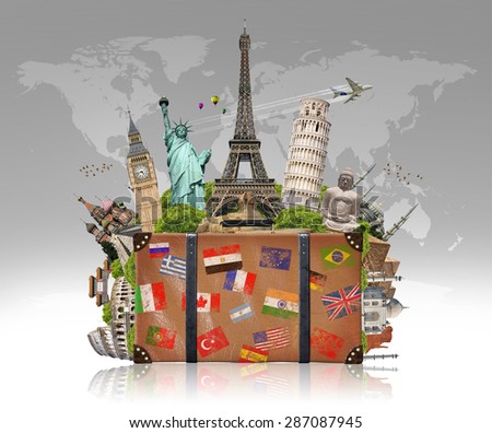 Famous monuments of the world grouped together in a suitcase