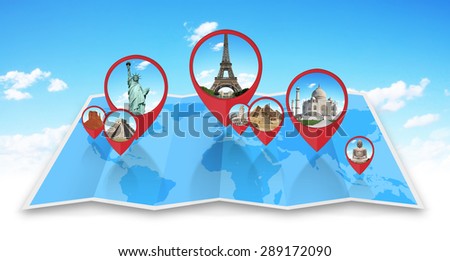 Famous monuments of the world grouped together on a map with pin icon