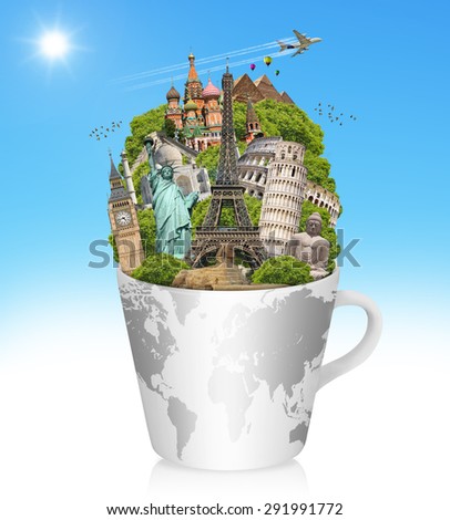 Famous monuments of the world in a cup of coffee