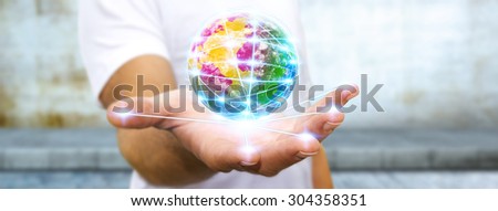 Man holding digital world connected to his fingers