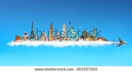 Famous monuments of the world grouped together on plane smoke in blue sky
