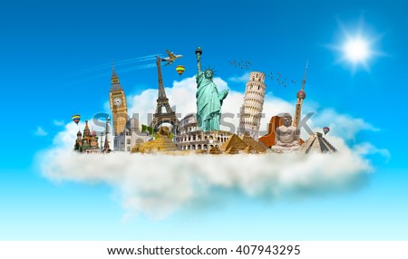 Famous monuments of the world grouped together in a cloud