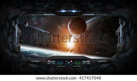View of outer space from the window of a space station \'elements of this image furnished by NASA\' \'3D rendering\'