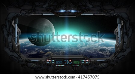 Window view of planet earth from a space station \'elements of this image furnished by NASA\' \'3D rendering\'