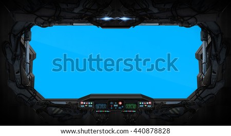 Window of a space station with control panel \'3D rendering\'