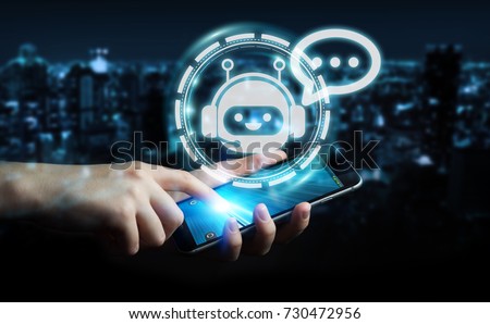 Businessman on blurred background chatting with chatbot application.