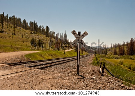 View of a railroad crossing, showing a pockmarked crossing sign, the road and a long view of railroad tracks extending into the mountains.  The result of a pine beetle infestation is seen as well.