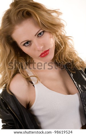 woman in a leather jacket and a fragmentary vest. Isolated on white