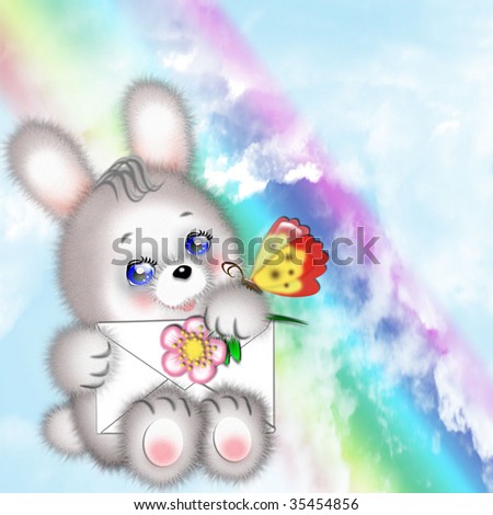 The drawn lovely fluffy rabbit against the sky with a rainbow