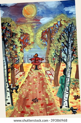 The drawn autumn picture in park with the girl, the man, falling down trees, a cat and birds