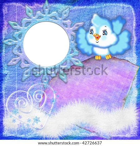 Winter frame with a birdie and snowflakes