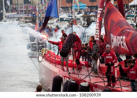 GALWAY, IRELAND - JULY 7: CAMPER with Emirates Team New Zealand, skipper Chris Nicholson, arriving to the Galway dock, during the Volvo Ocean Race 2011-12, on July 7, 2012 in Galway, Ireland.