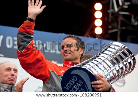 GALWAY, IRELAND - JULY 7: Skipper Franck Cammas, Groupama, France,with the  trophy for the 1 place overall in the Volvo Ocean Race 2011-12,at the final prize giving, on July 7,2012 in Galway, Ireland.