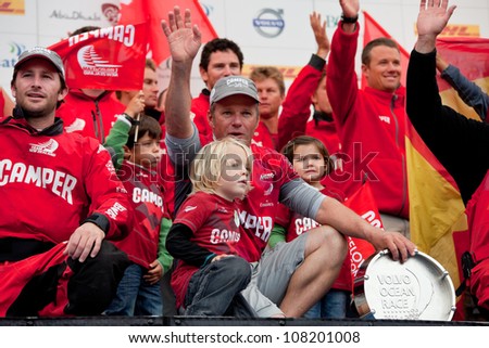 GALWAY, IRELAND - JULY 7: Skipper Chris Nicholson, and CAMPER team, selebrates second place overall in the Volvo Ocean Race 2011-12,at the final public prize giving, on July 7,2012 in Galway, Ireland.