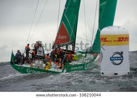 GALWAY, IRELAND - JULY Groupama Sailing Team, skippered by Franck Cammas competing in the Discover Ireland In-Port Race, during the Volvo Ocean Race 2011-12, on July 7, 2012 in Galway, Ireland.