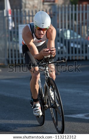 GALWAY, IRELAND - SEPTEMBER 2: Pro athlete Jan Van Berkel (7), Winner, competing at Course Bike, during 2nd Edition of the Ironman 70.3 Galway 2012 Triathlon, on September 2, 2012 in Galway, Ireland.