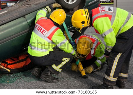GALWAY - MARCH 9: Galway Fire and Rescue Emergency Units at car crash training on March 9, 2011 in Galway, Ireland.